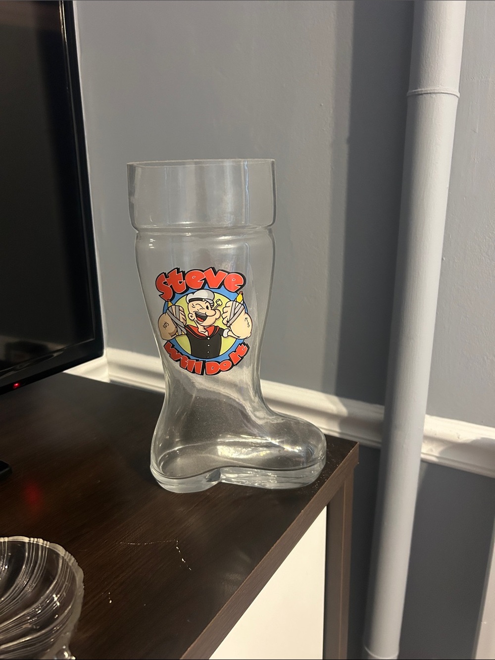 Steve the Boot Shaped Glass Mug - Clear with Colorful Logo
